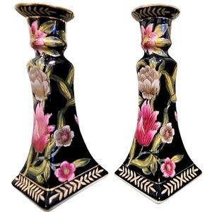 Vintage Chinoiserie Style Handpainted Ceramic Taper Candlestick Holders